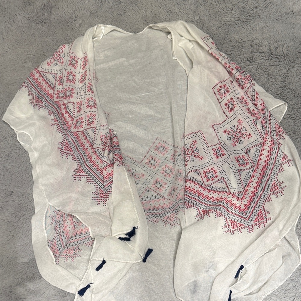 Dress Barn White Kimono with Pink Geometric Embroidery